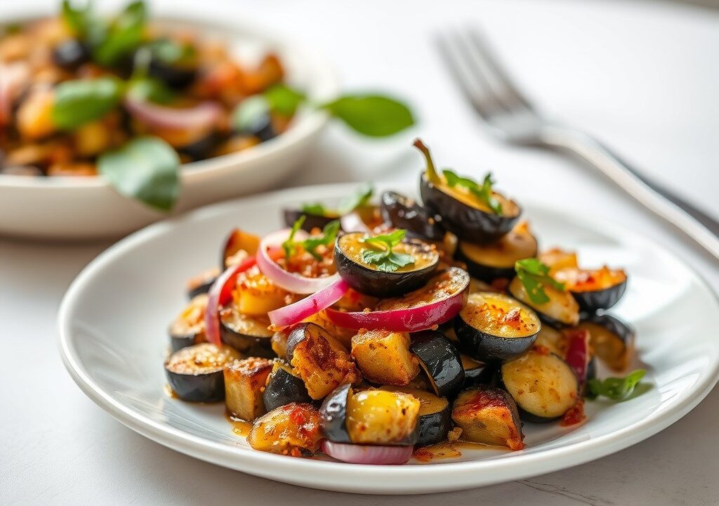 Aubergine-spinazie gratin, AI-gegenereerde illustratie