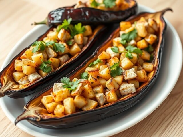 Auberginebakjes met makreel en aardappel