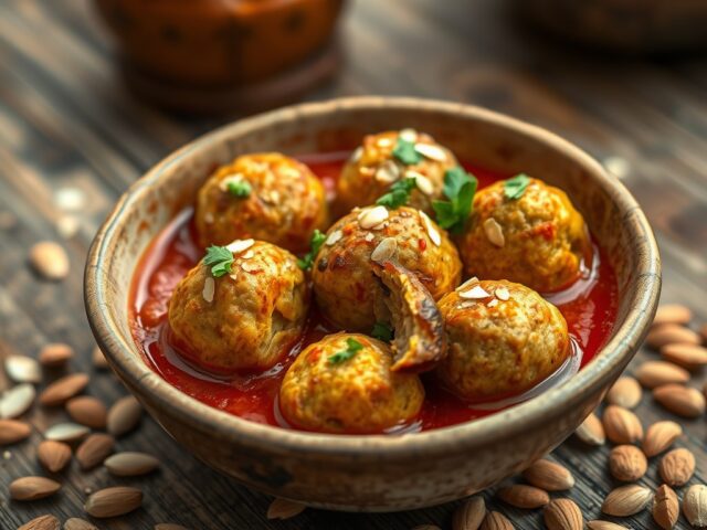 Aubergineballetjes in tomatensaus
