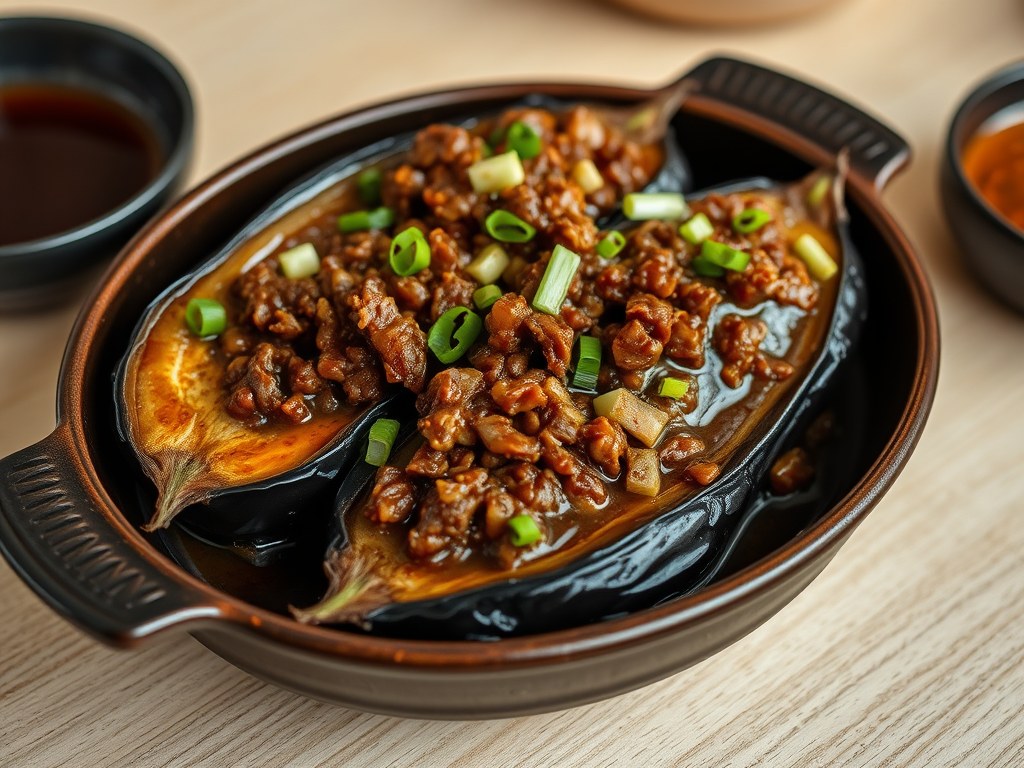 Aubergines met Gehakt-Saus, AI-gegenereerde illustratie