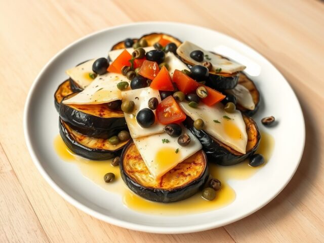 Auberginesalade met provolone en een saus van gedr
