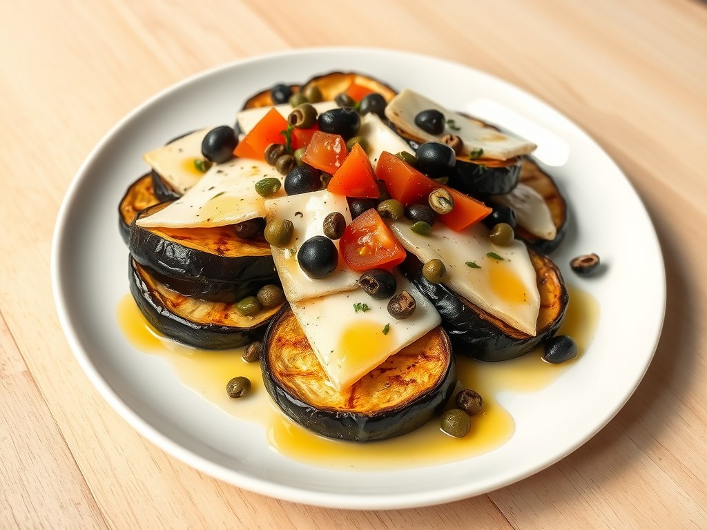 Auberginesalade met provolone en een saus van gedr, AI-gegenereerde illustratie