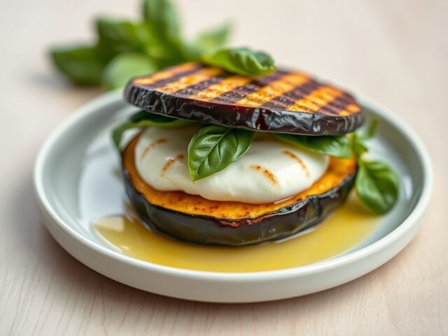 Auberginesandwich gevuld met mozzarella en basilic