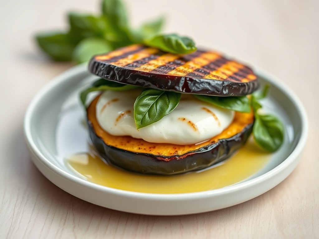 Auberginesandwich gevuld met mozzarella en basilic, AI-gegenereerde illustratie