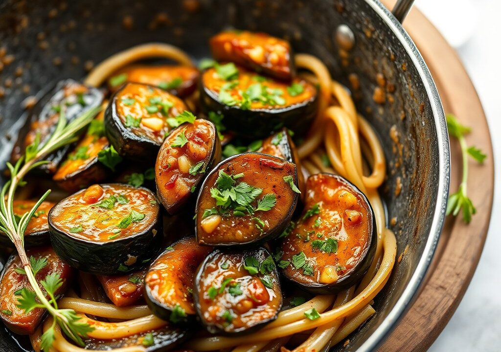 Auberginetorentjes met peterseliesaus, AI-gegenereerde illustratie