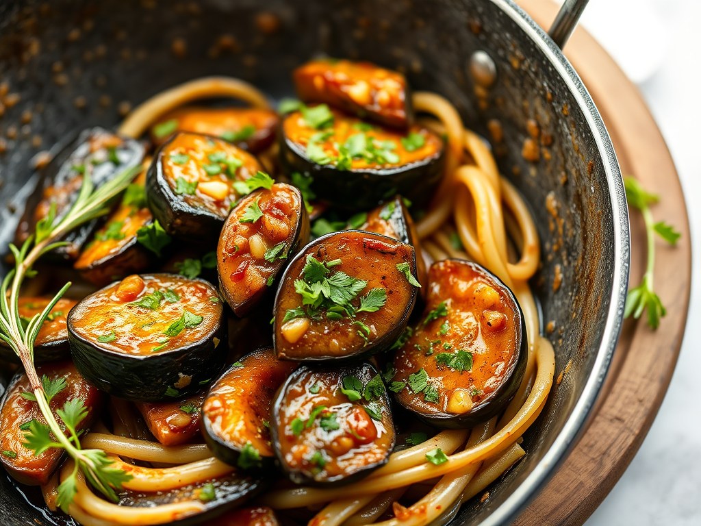 Auberginetorentjes met peterseliesaus, AI-gegenereerde illustratie