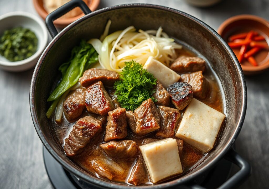 Authentieke Japanse Sukiyaki voor de hele familie, AI-gegenereerde illustratie
