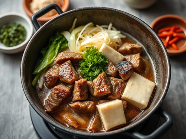 Authentieke Japanse Sukiyaki voor de hele familie — AI-gegenereerde illustratie