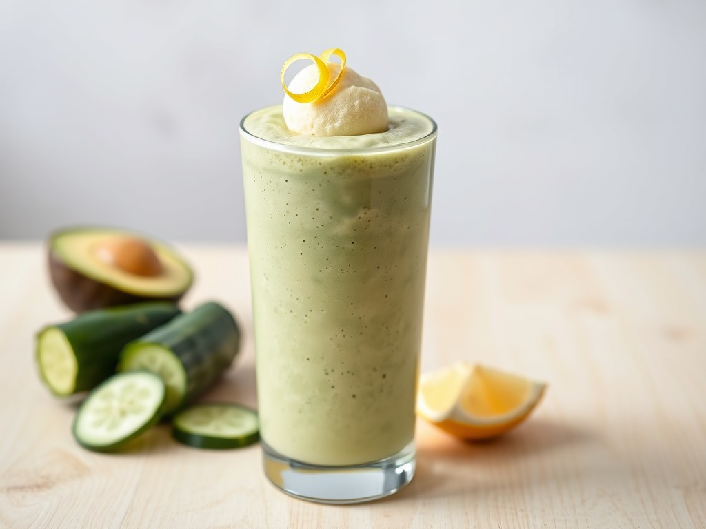 Avocado en komkommersmoothie, AI-gegenereerde illustratie