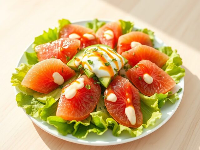 Avocado-grapefruitsalade met limoen en zoethete chilisaus