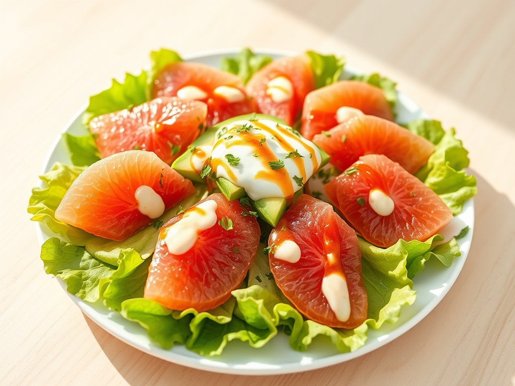 Avocado-grapefruitsalade met limoen en zoethete chilisaus, AI-gegenereerde illustratie