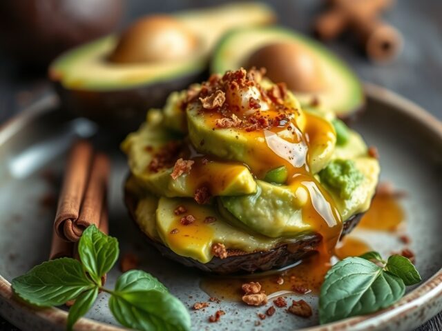Avocado met honing, kaneel en marsala — AI-gegenereerde illustratie