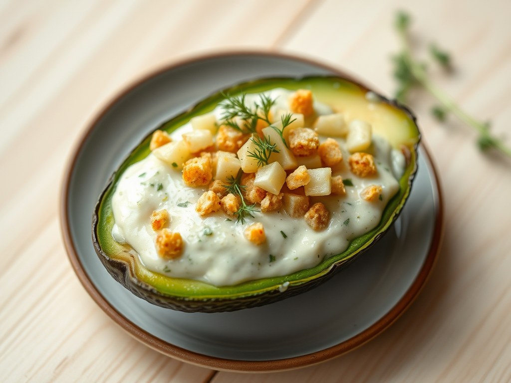 Avocado met mieriksworteldressing, AI-gegenereerde illustratie