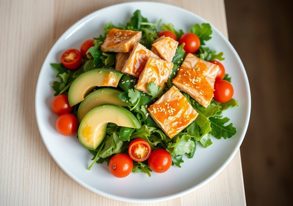 Avocado rucola salade met zalm, AI-gegenereerde illustratie