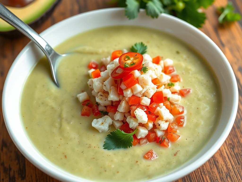 Avocado Soep met Krab en Pico de Gallo, AI-gegenereerde illustratie
