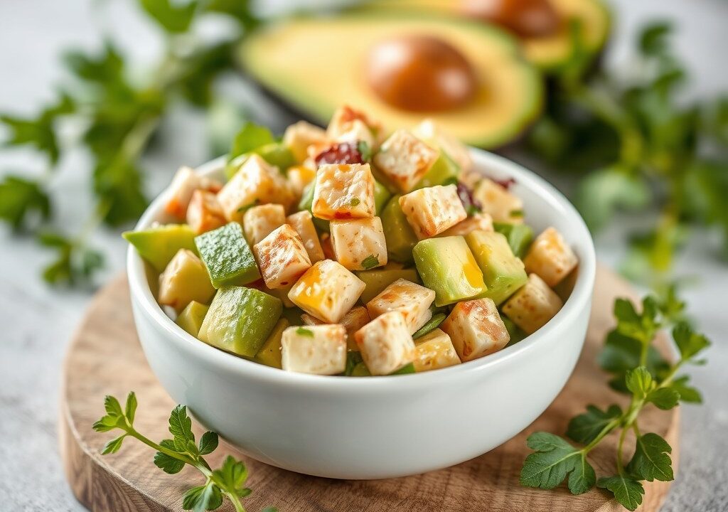 Avocadosalade met walnoot, AI-gegenereerde illustratie