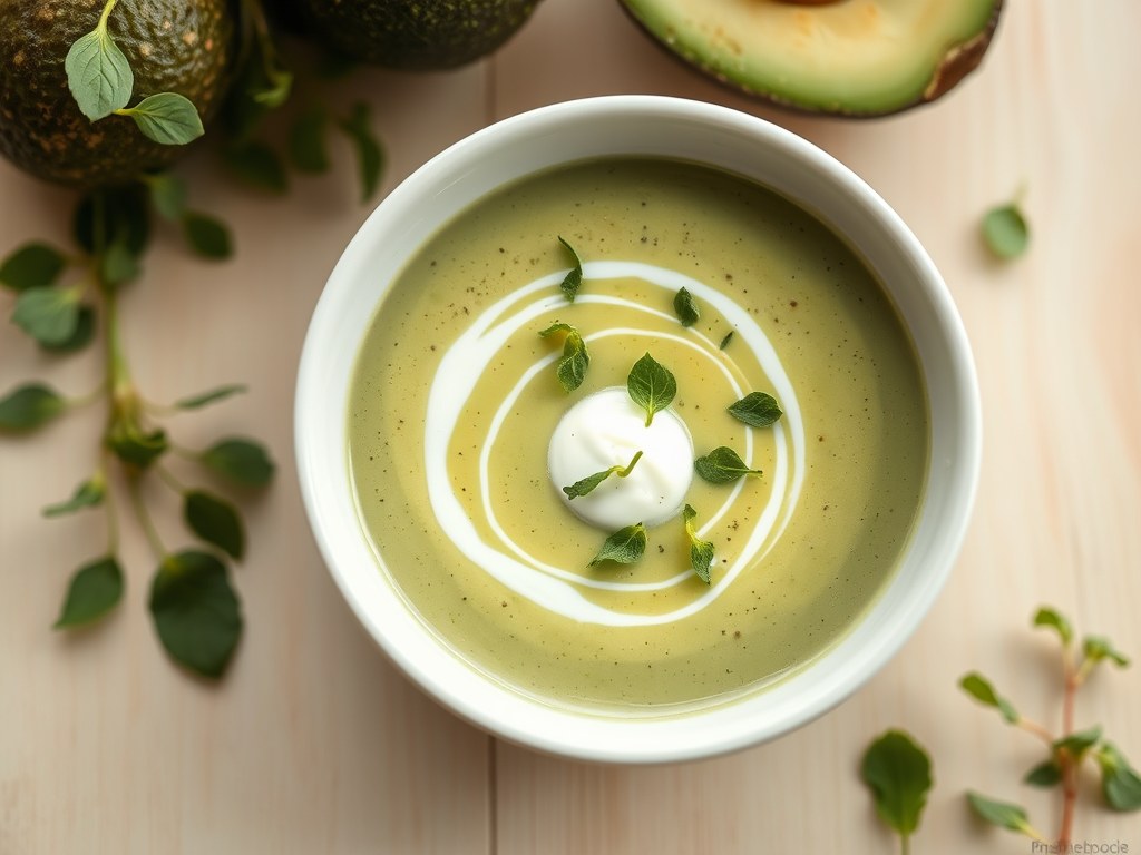 Avocadosoepje met ricotta, AI-gegenereerde illustratie