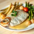 Baarsfilet, witte asperges, peterselieaardappel