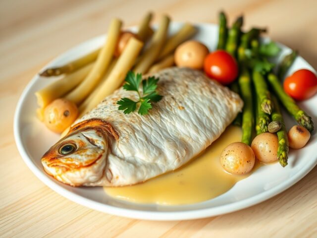 Baarsfilet, witte asperges, peterselieaardappel