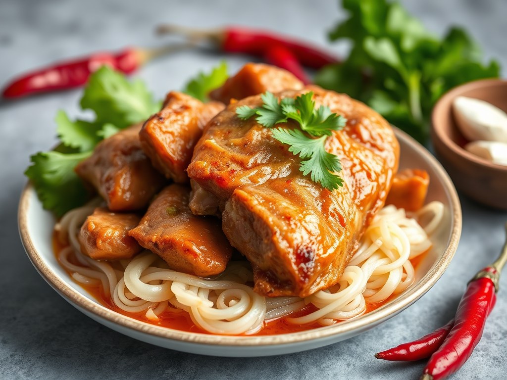 Babi lombok ketjap (varkensvlees), AI-gegenereerde illustratie