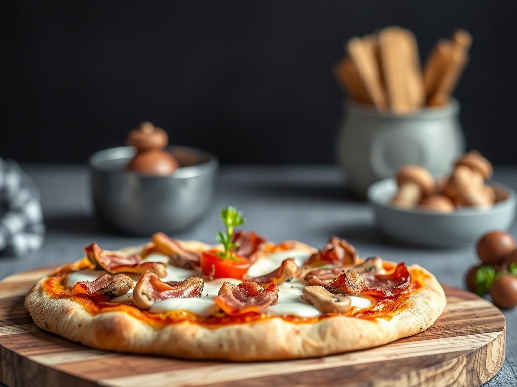 Bacon pizza met crème fraîche, AI-gegenereerde illustratie