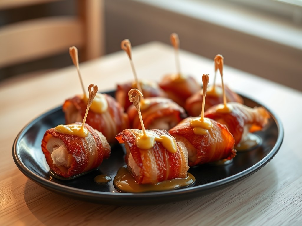 Baconrolletjes met zoete kip, AI-gegenereerde illustratie