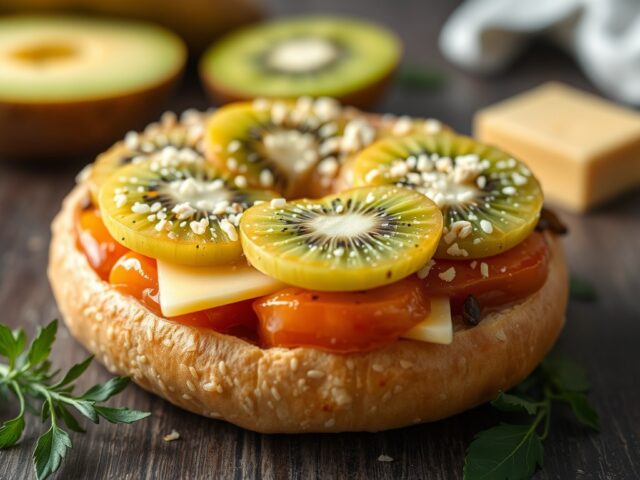 Bagel met kiwi en Zwitserse kaas — AI-gegenereerde illustratie