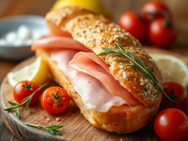 Baguette met tomaat en ham — AI-gegenereerde illustratie