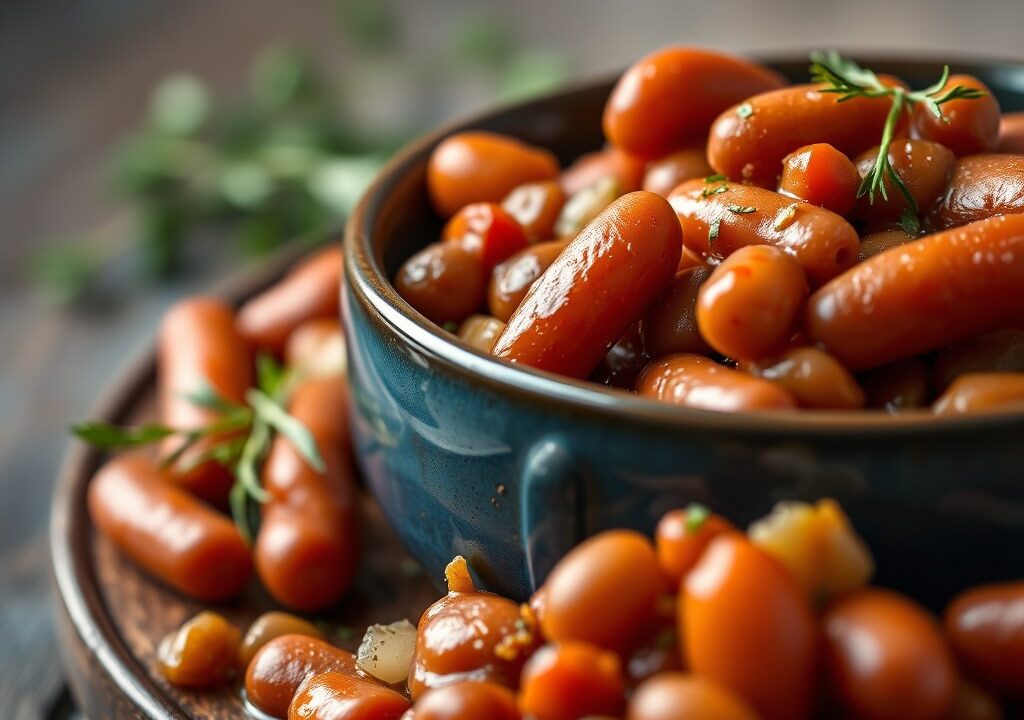 Baked beans met rookworst, AI-gegenereerde illustratie