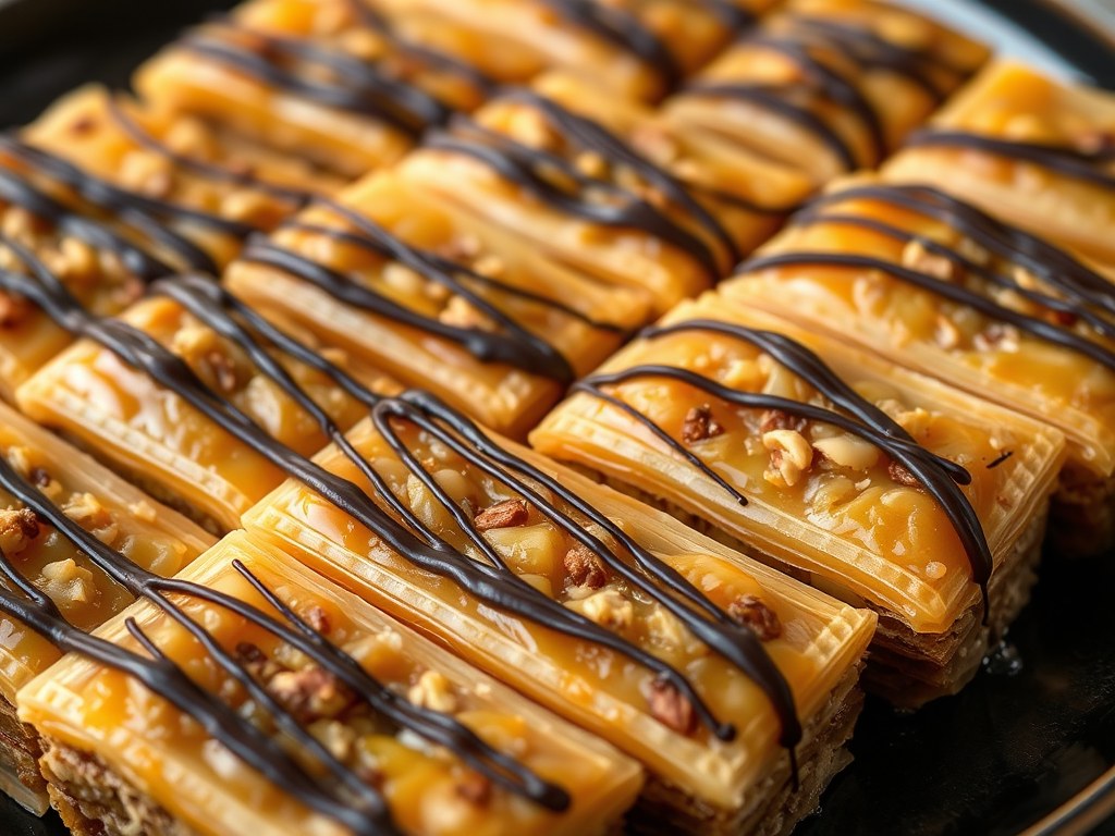 Baklava met noten en chocolade, AI-gegenereerde illustratie