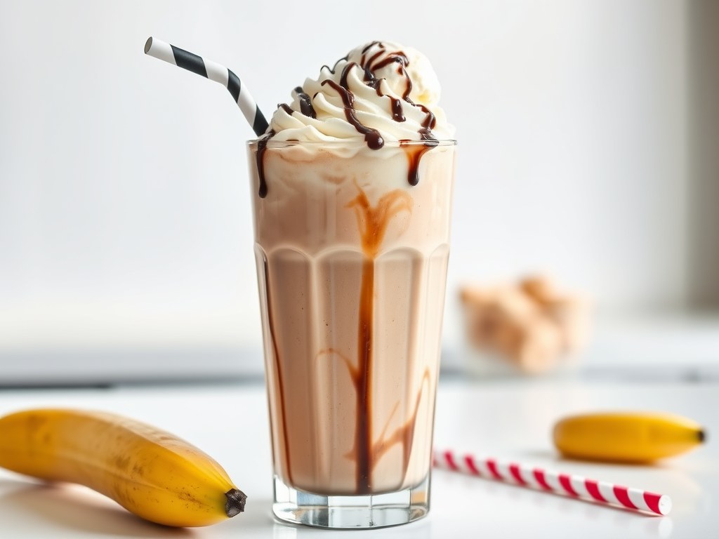 Banaan-chocolade milkshake, AI-gegenereerde illustratie