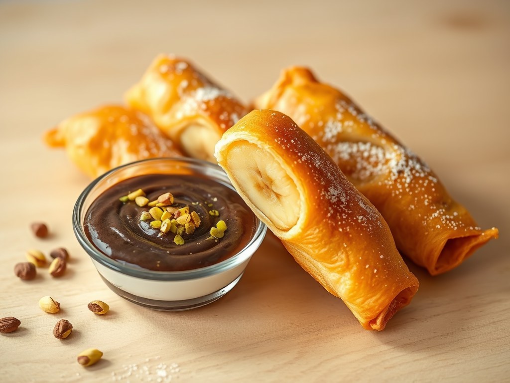 Banaan in filodeeg met chocolade- pistachedip, AI-gegenereerde illustratie