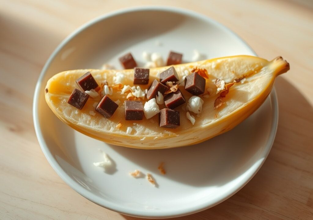 Banaan met chocolade en kokos, AI-gegenereerde illustratie