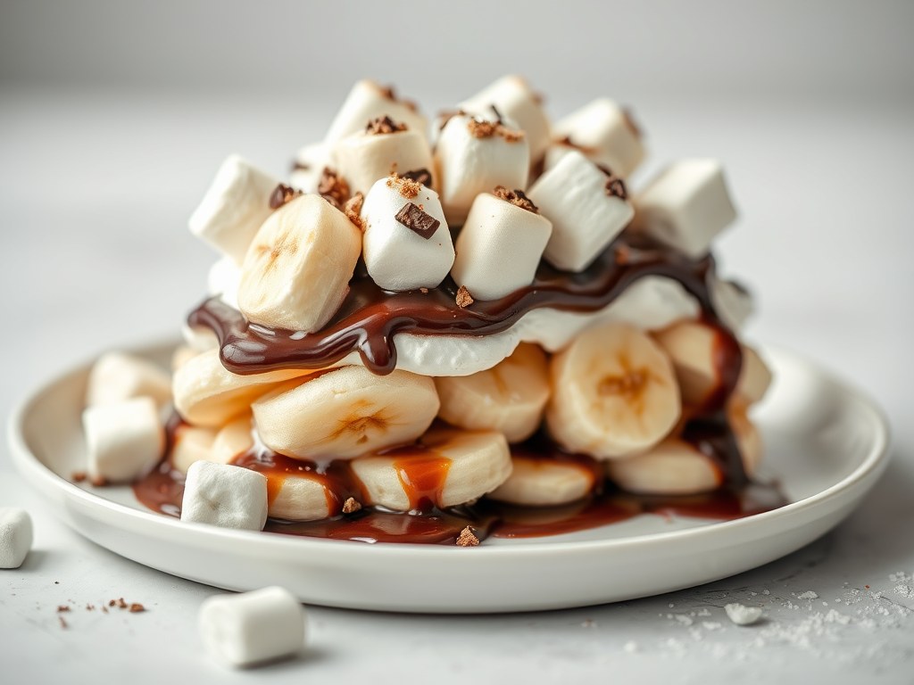 Bananasplit met marsmallows, AI-gegenereerde illustratie
