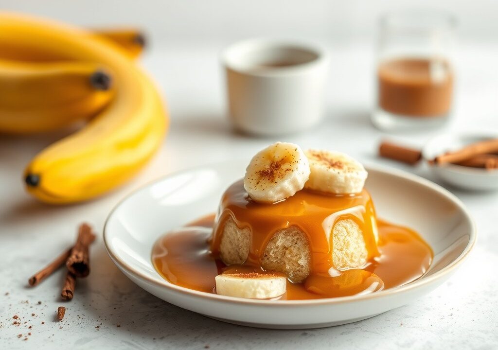 Bananenpudding met karamelsaus, AI-gegenereerde illustratie