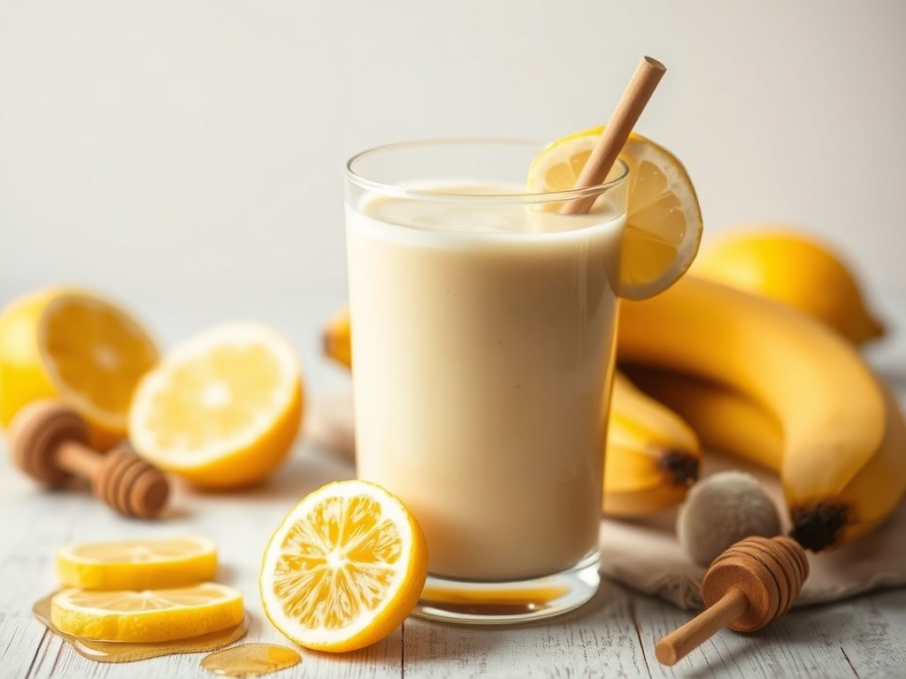 Bananensmoothie met honing en citroen, AI-gegenereerde illustratie