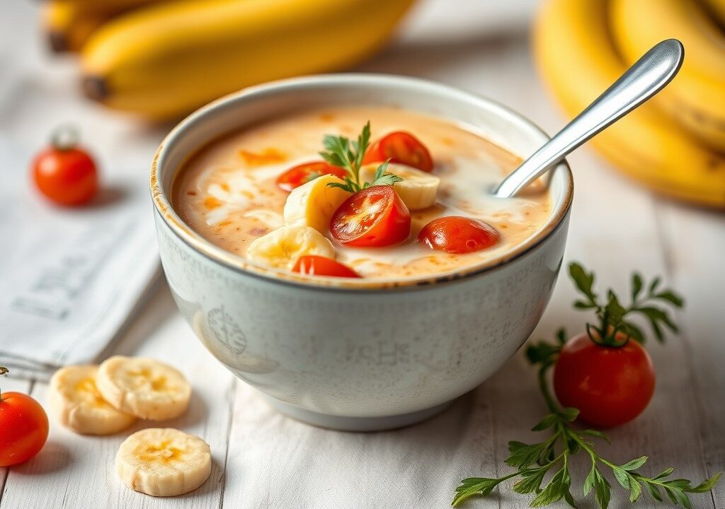 Bananensoep uit de stoofpan met tomaten ,ui, melk, AI-gegenereerde illustratie