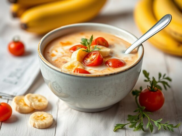 Bananensoep uit de stoofpan met tomaten ,ui, melk — AI-gegenereerde illustratie