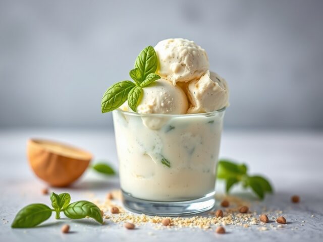 Basilicumijs met pistachenoten