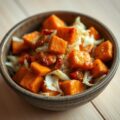 Bataat met een saus van cayennepeper, gember en pi