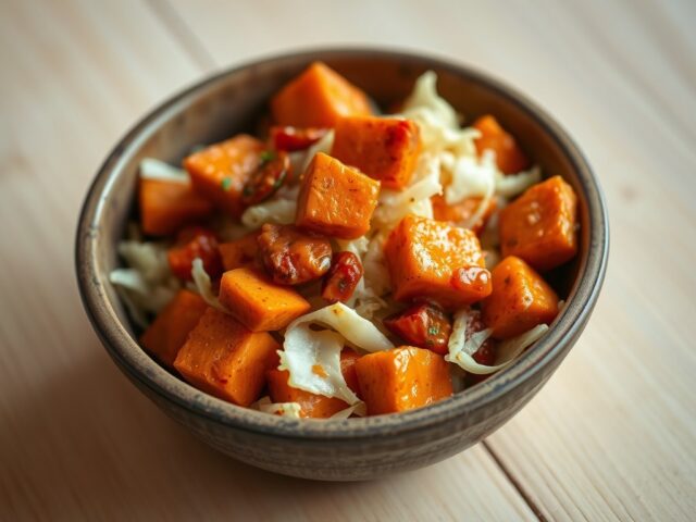 Bataat met een saus van cayennepeper, gember en pi