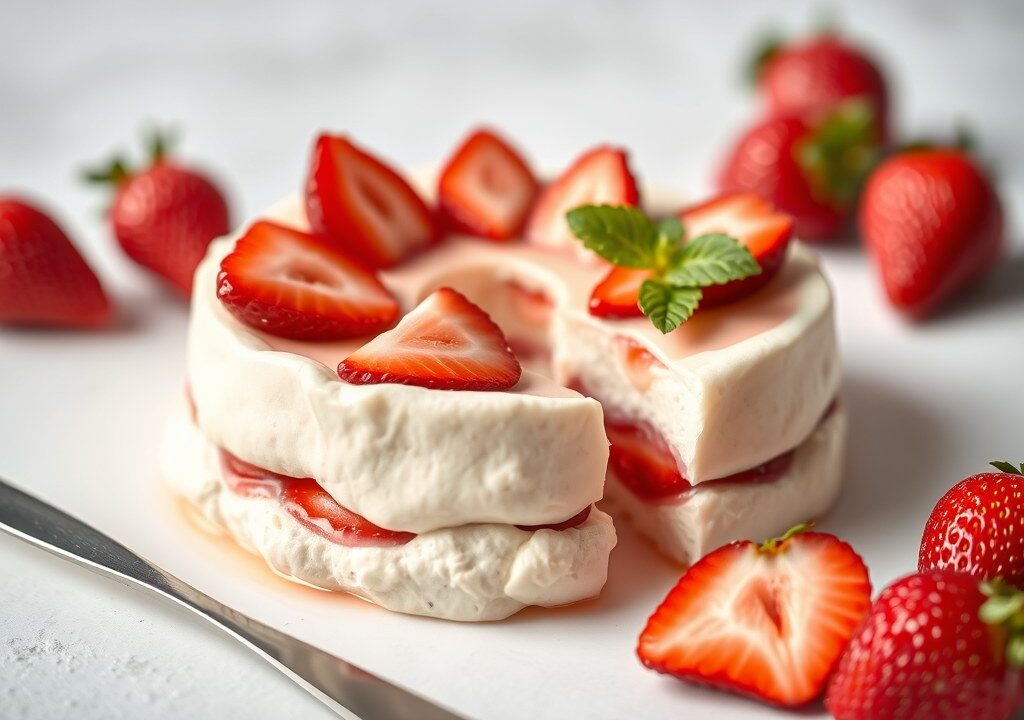 Bavarois met aardbeien en meloen, AI-gegenereerde illustratie