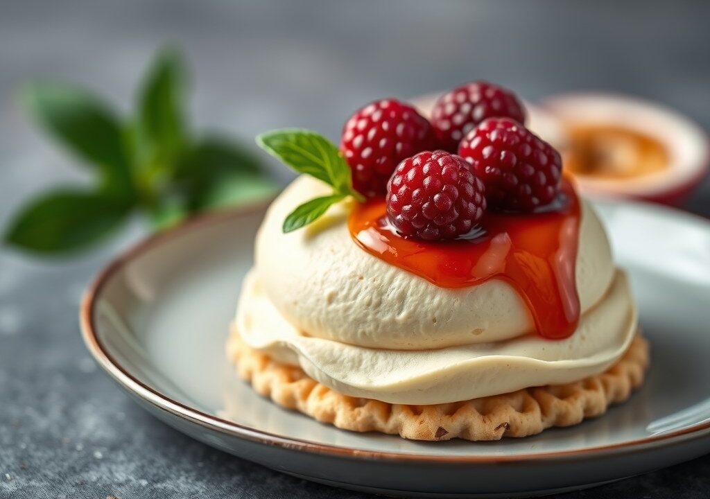 Bavarois van passievruchten op amandelbiscuit, AI-gegenereerde illustratie