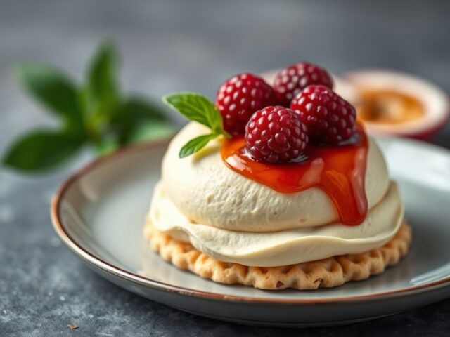 Bavarois van passievruchten op amandelbiscuit — AI-gegenereerde illustratie