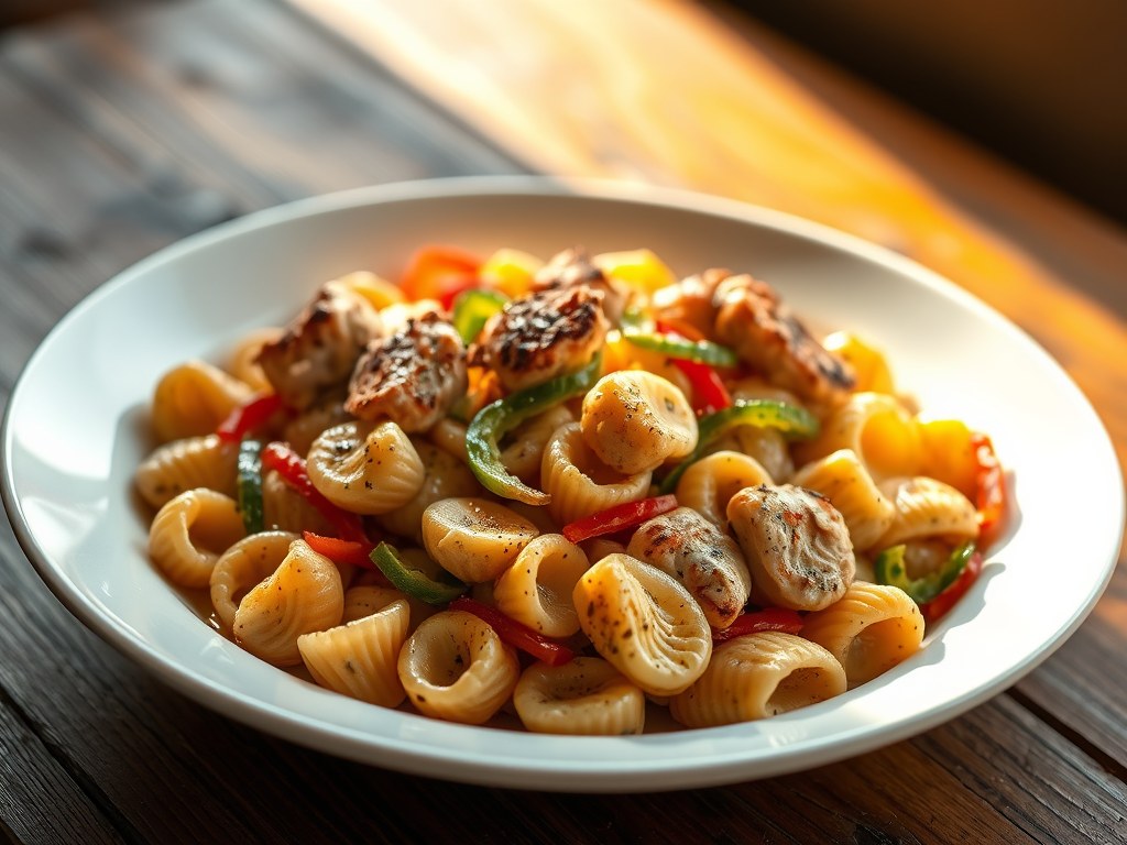 Bayou chicken met pastaslakjes, AI-gegenereerde illustratie