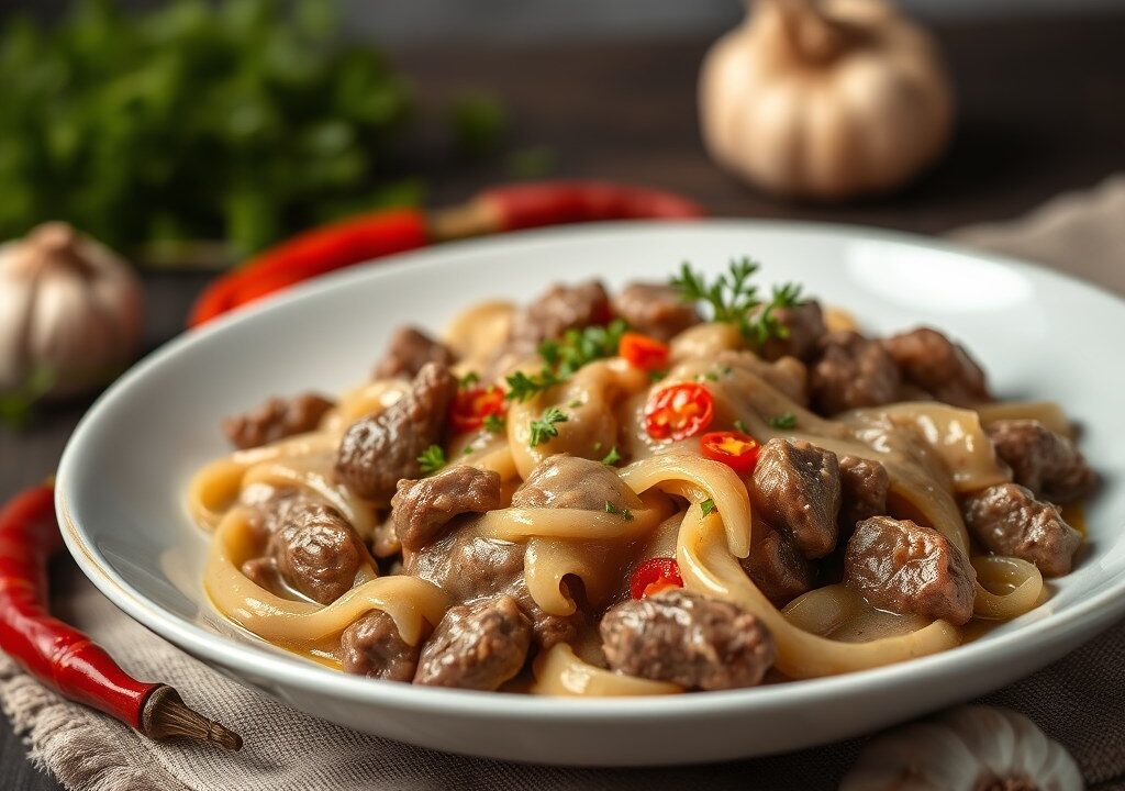 Beef Stroganoff, AI-gegenereerde illustratie