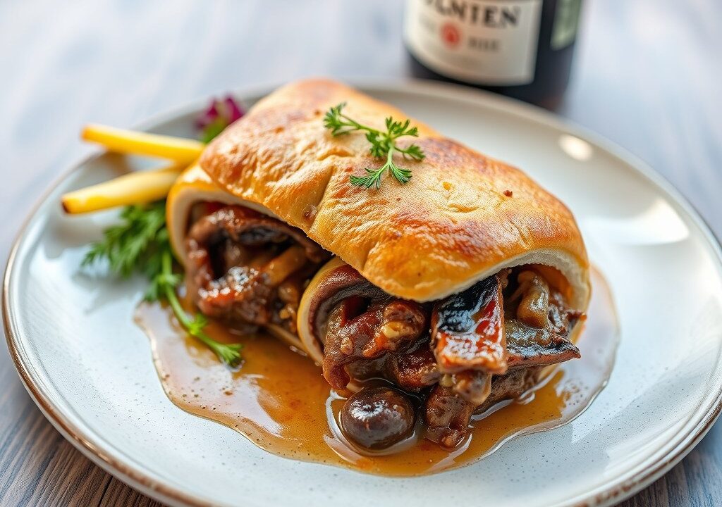 Beef Wellington van wildzwijnshaas ( zie opm), AI-gegenereerde illustratie