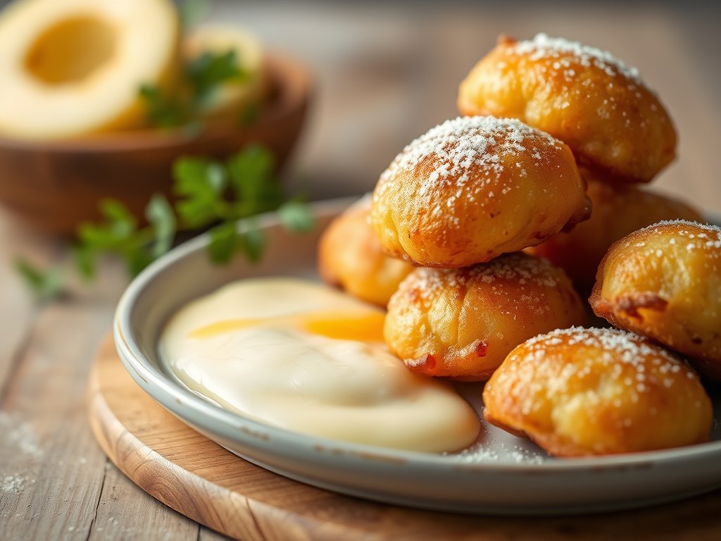 Beignets van kabeljauw met karnemelkpuree, AI-gegenereerde illustratie