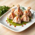 Beursje van ham met prei en kruidencoulis