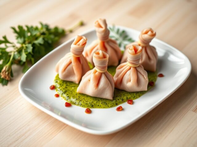 Beursje van ham met prei en kruidencoulis